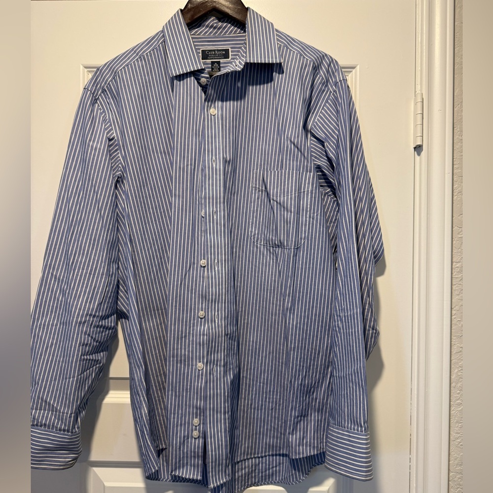Calvin Klein Men's Blue and White Striped Dress Shirt